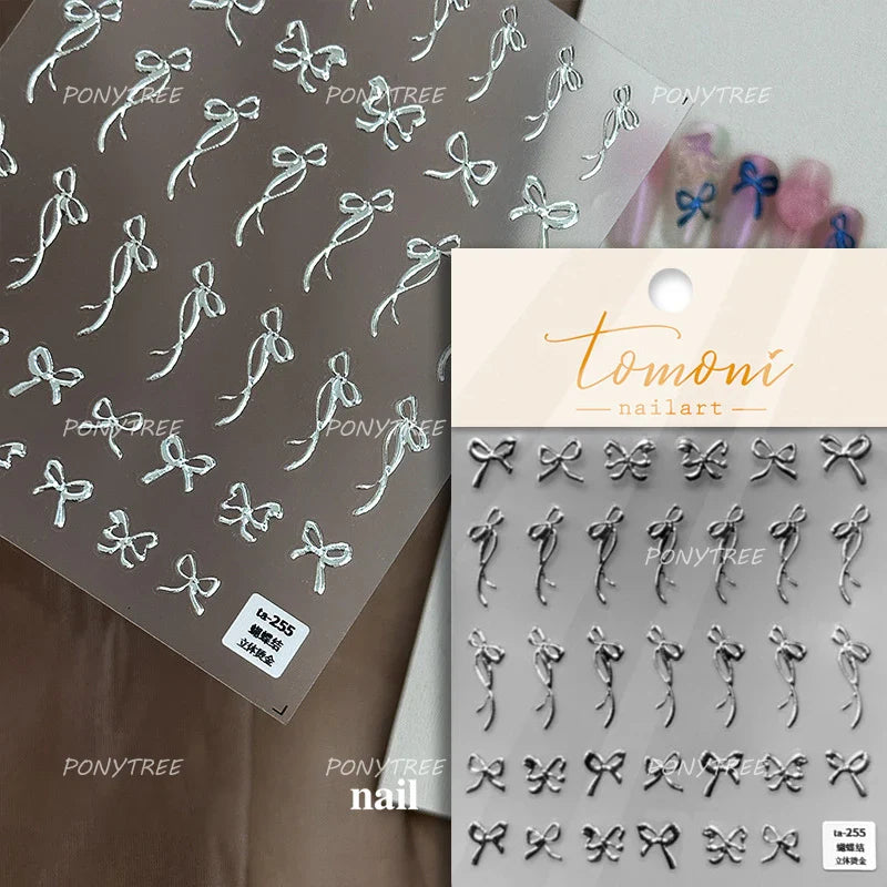 Purple Gold Silver Bowknot Cherry Fruit Cute Ribbon Tie Line Delicate 3D Adhesive Nail Art Stickers Manicure Decals Wholesale (Online Order Only)