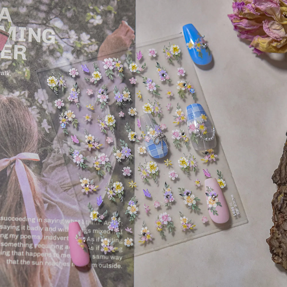Flower Garden Purple Yellow Pink Daisy Butterfly Delicate 5D Soft Relief Adhesive Nail Art Decoration Sticker 3D Manicure Decals (ONLINE ORDER ONLY)