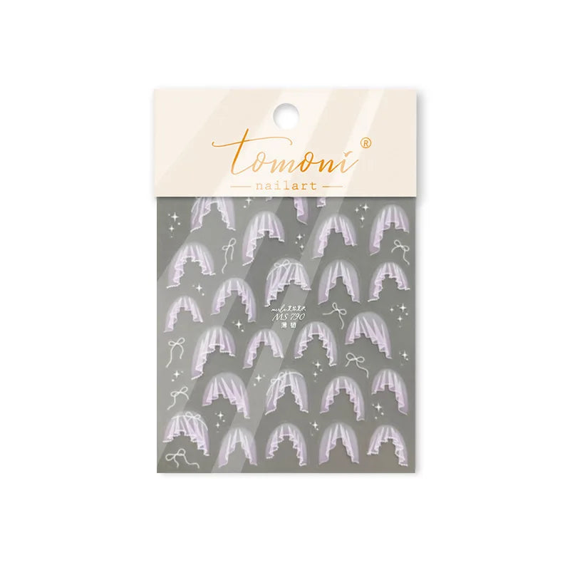 French Skirt Hem Halo Dyeing Purple Pink White Hemline Bowknot Wedding Veil Dreamy Star Adhesive Nail Art Sticker Manicure Decal (ONLINE ORDER ONLY)