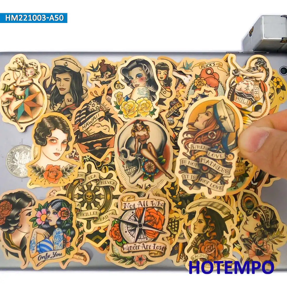 50Pieces Yellowing Retro Decals Old School Tattoo Girl Sailor Funny Stickers for Bike Car Motorcycle Guitar Phone Laptop Sticker (Online Order Only)