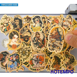 50Pieces Yellowing Retro Decals Old School Tattoo Girl Sailor Funny Stickers for Bike Car Motorcycle Guitar Phone Laptop Sticker (Online Order Only)