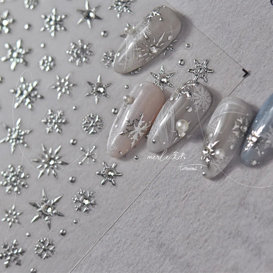 Winter Christmas Crystal Delicate Hexagon Romantic Laser Silver Chic Snowflakes Self Adhesive Nail Art Sticker 5D Manicure Decal (ONLINE ORDER ONLY)