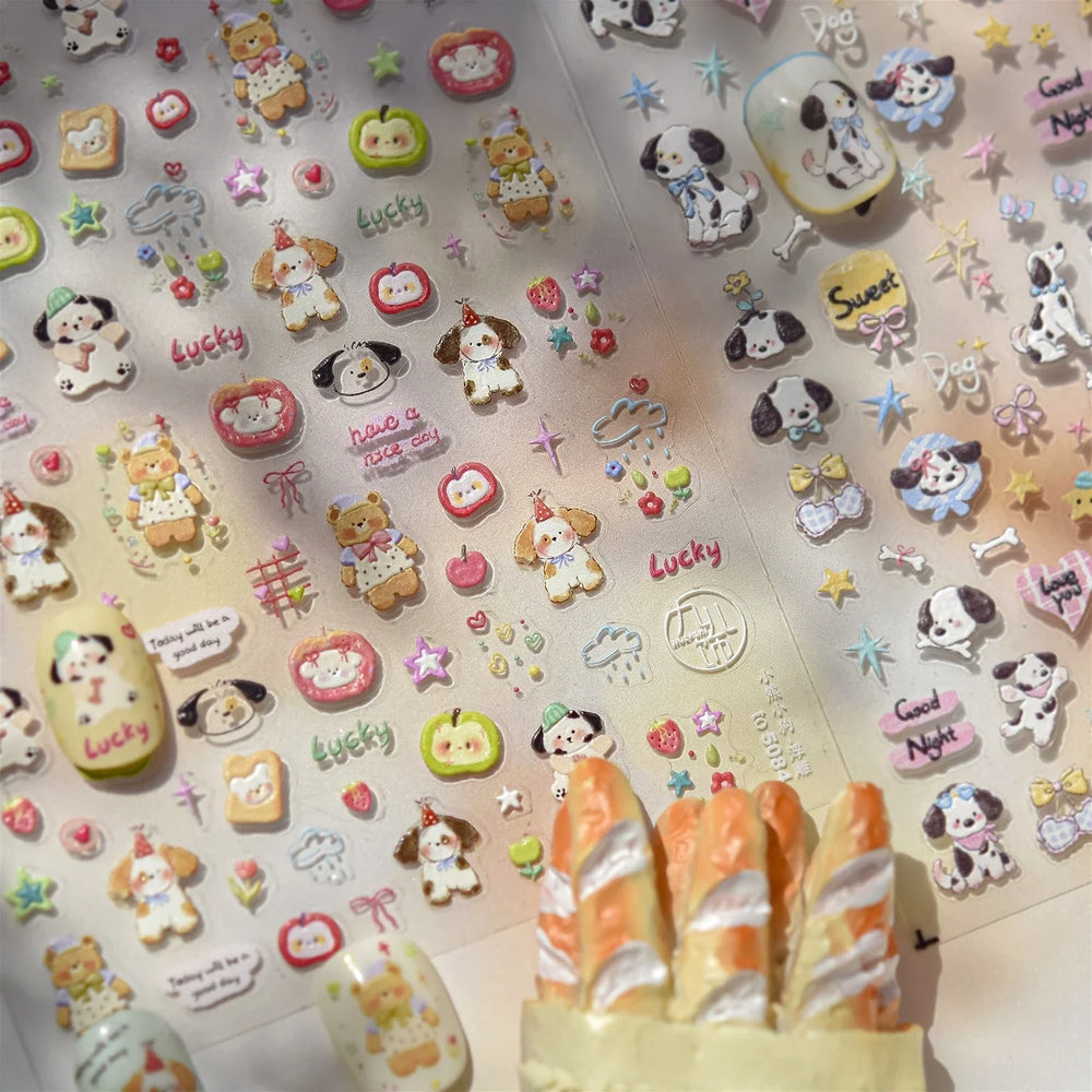 Cute Bear Star Dog Bowknot Love Heart Good Night Bone Bread Flower Self Adhesive Nail Art Decorations Stickers Manicure Decals (Online Order Only)