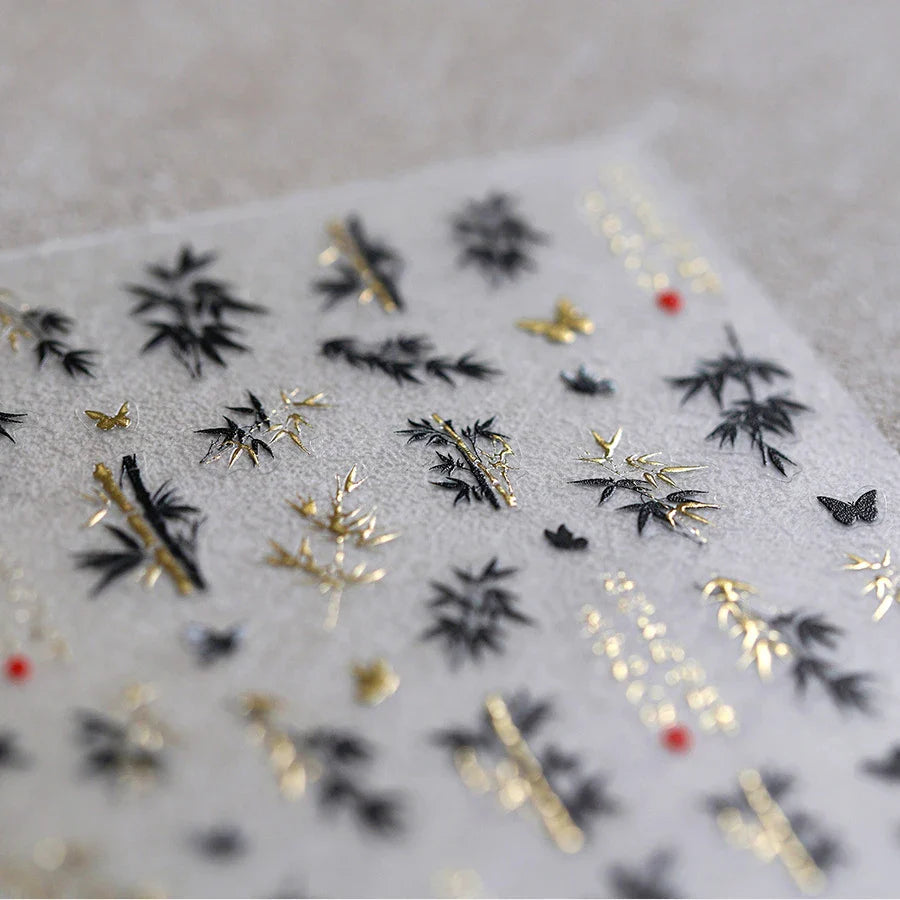 Antique Bamboo Leaf Hot Stamping Plant Botany Calligraphy Characters Self Adhesive Nail Art Stickers Rhinestone Manicure Decals (ONLINE ORDER ONLY)
