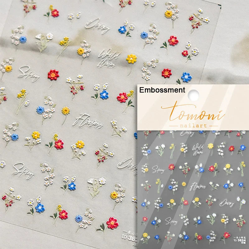 Wild Flower Oil Painting Small Variegated Daisy Peach Blossom Lavender Spring Petal Adhesive Nail Art Stickers Manicure Decals (Online Order Only)