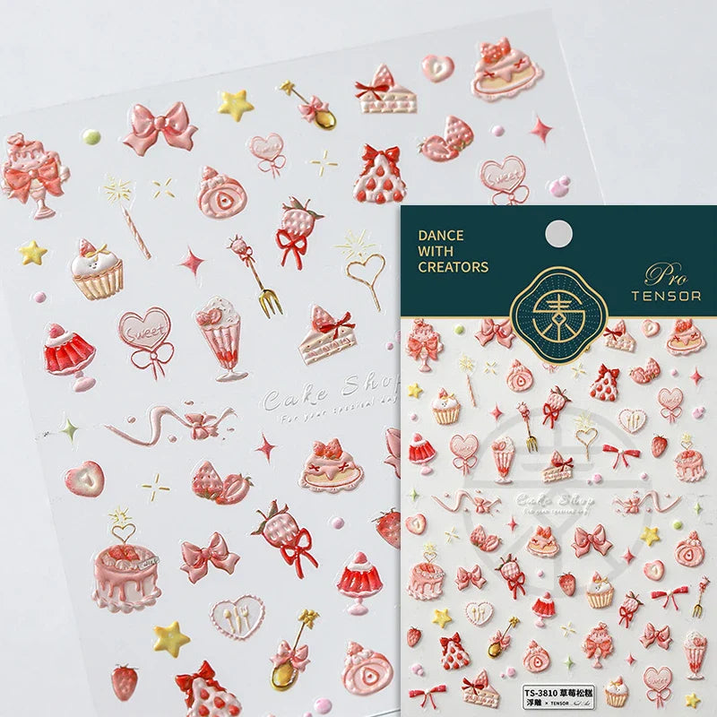 Chic Cute Cheese Ice Cream Pudding Bowknot Strawberry Muffin Stars Cake Embossed Heart Adhesive Nail Art Sticker Manicure Decals (ONLINE ORDER ONLY)