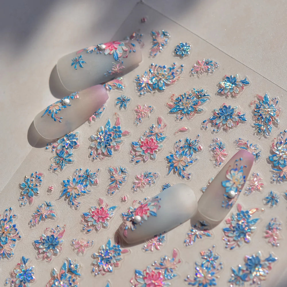 Delicate Shiny Pink Flower Blue Hairpin with Flower Decoration Self Adhesive Nail Art Stickers Pearl Rhinestone Manicure Decals (Online Order Only)