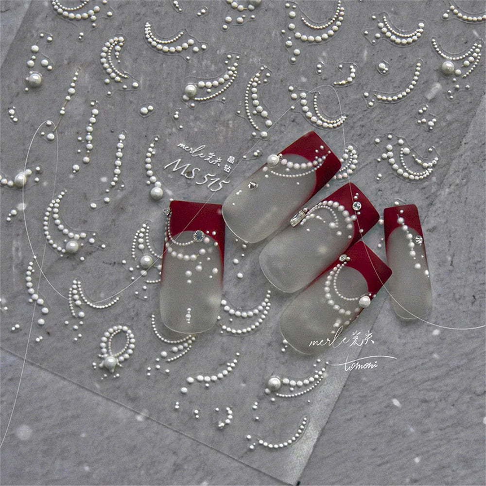 1pcs White 5D Pearl Lace Wave Lines Nail Art Stickers Elegant Exquisite Nail Decoration Decals DIY Self Adhesive Transfer Slider (Online Order Only)