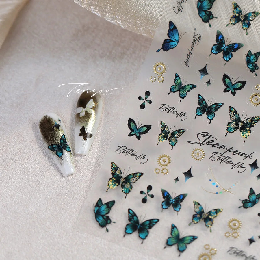 Steam Punk Butterfly Gear Green Star Gold Stamping Self Adhesive Nail Art Decoration Stickers Illusion Polarized Manicure Decals (ONLINE ORDER ONLY)