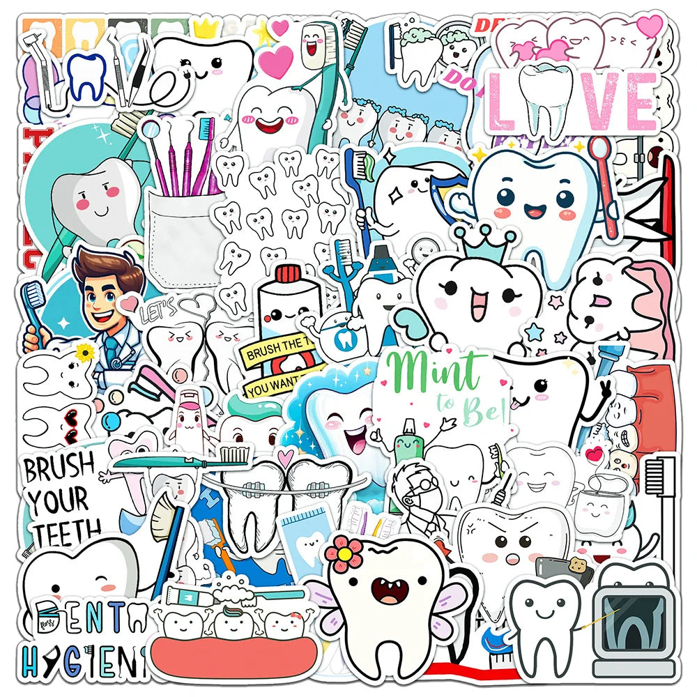10/30/50pcs Cute Dentist Protect Tooth Stickers Funny Toothbrush Teeth Decal DIY Luggage Skateboard Laptop Cartoon Sticker Packs (ONLINE ORDER ONLY)