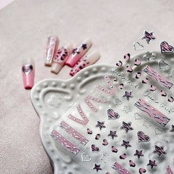 Punk Pink Leopard Print Love Heart Stars Bowknot Cool Girl 5D Self Adhesive Nail Art Stickers Ribbon Manicure Decals Wholesale (ONLINE ORDER ONLY)