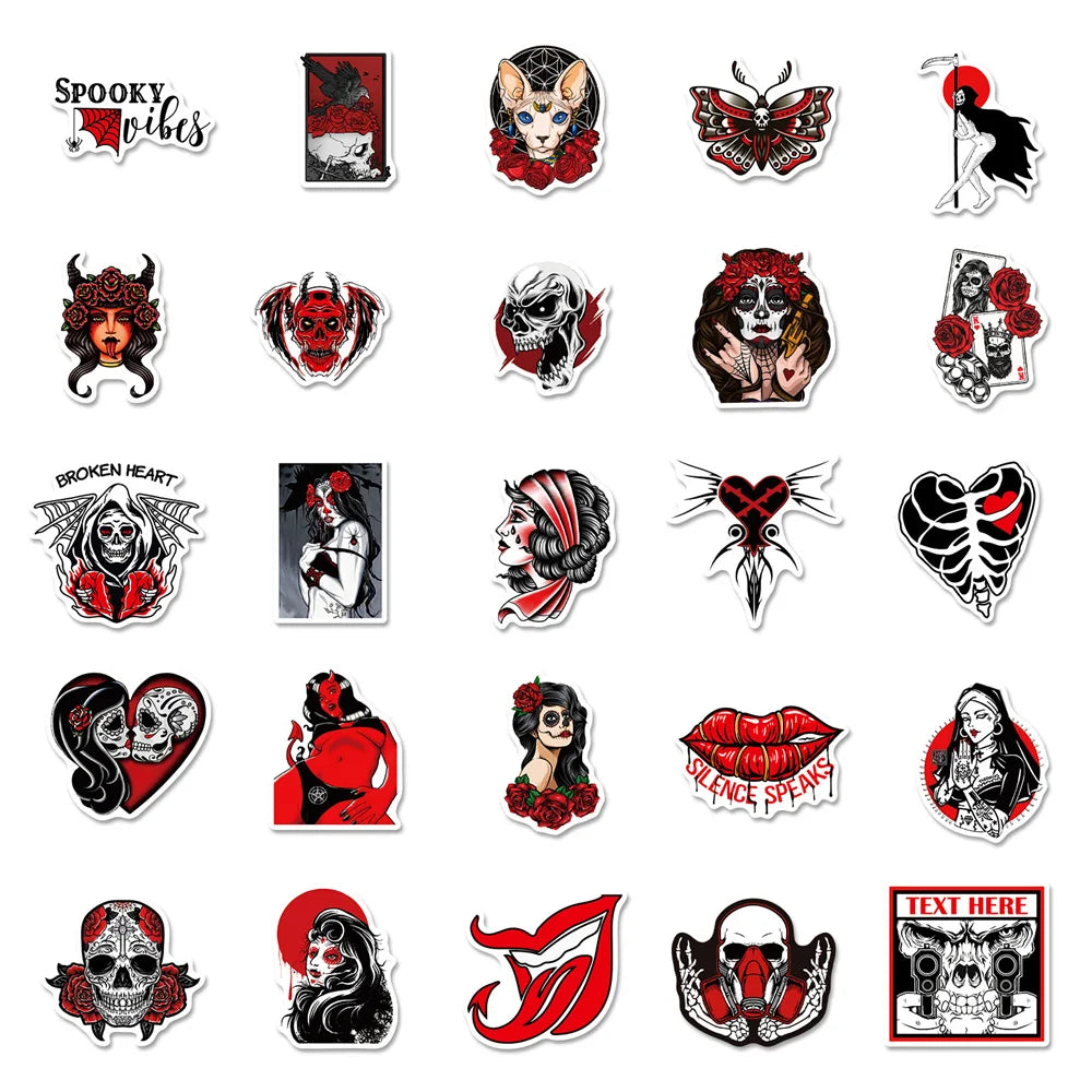 10/30/50PCS Red And Black Gothic Graffiti Waterproof Sticker Creative Trend Decoration Demon Terror Series Decal HelmetWholesale (ONLINE ORDER ONLY)