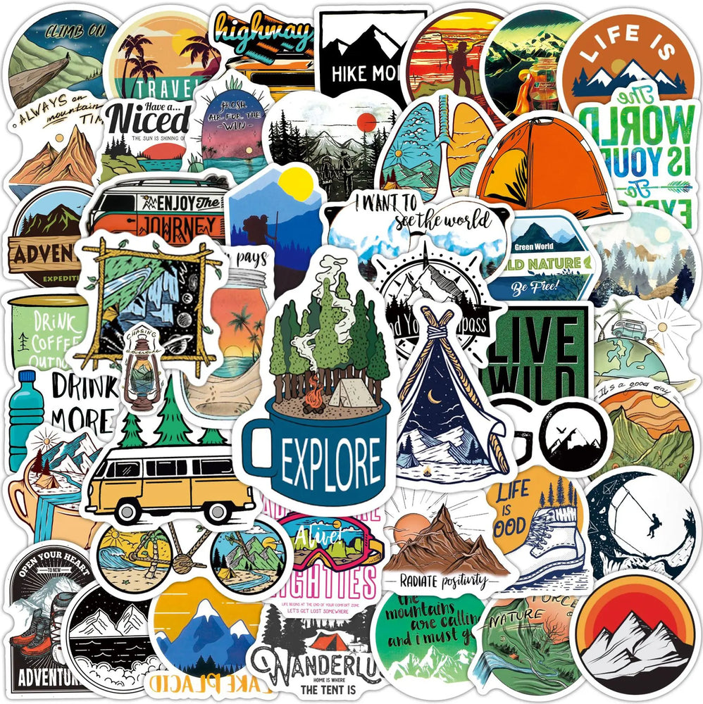 50/100pcs Forest Camping Hiking Stickers Outdoor Travel Beautiful Scenery Decals Water Bottle Phone Laptop Sticker Waterproof (Online Order Only)