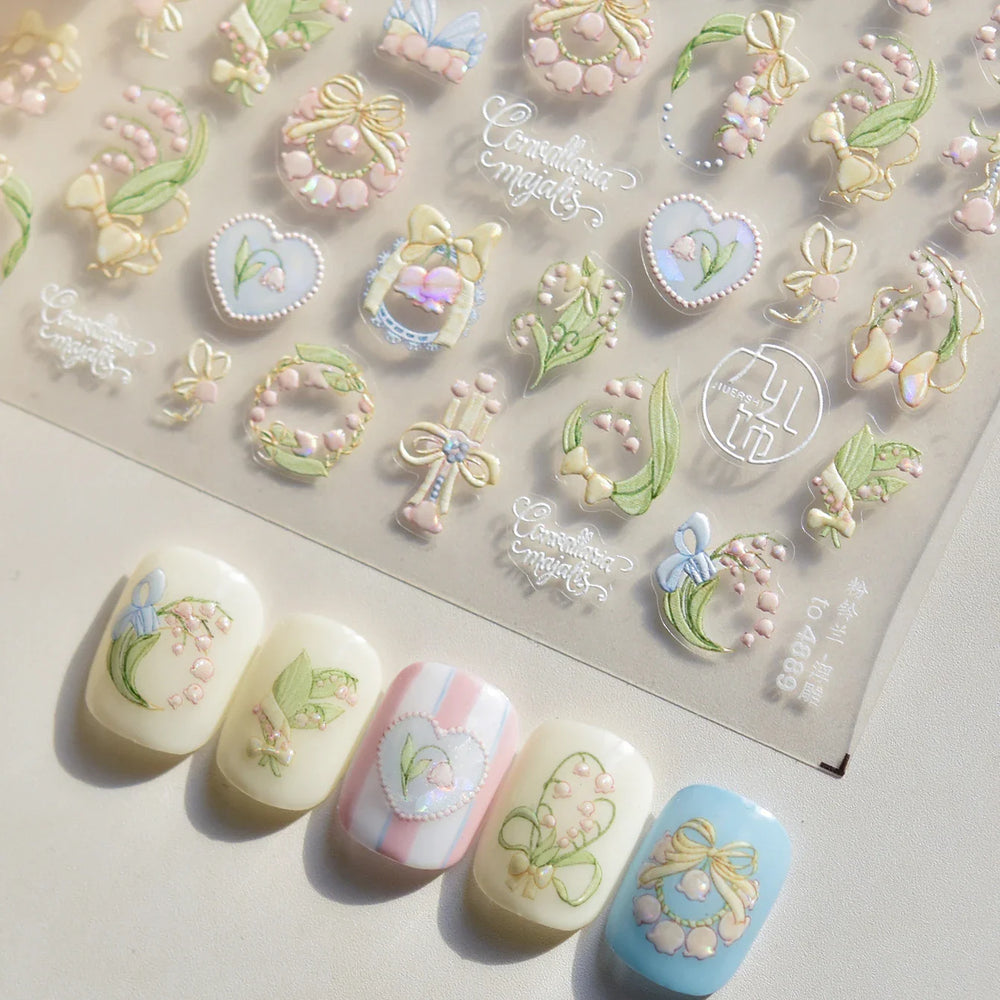 Spring Pink Lily of The Valley Flowers Blooming Blue Bowknot Heart 5D Soft Relief Self Adhesive Nail Art Sticker Manicure Decals (Online Order Only)