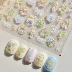 Spring Pink Lily of The Valley Flowers Blooming Blue Bowknot Heart 5D Soft Relief Self Adhesive Nail Art Sticker Manicure Decals (Online Order Only)