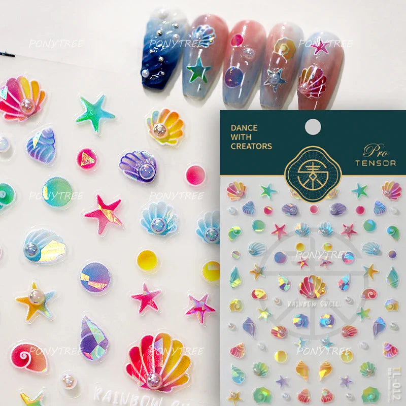 Conch Starfish Shell Beach Fish Star Ocean Colorful Water Bubbles Summer Delicate Self Adhesive Nail Art Stickers Manicure Decal (ONLINE ORDER ONLY)