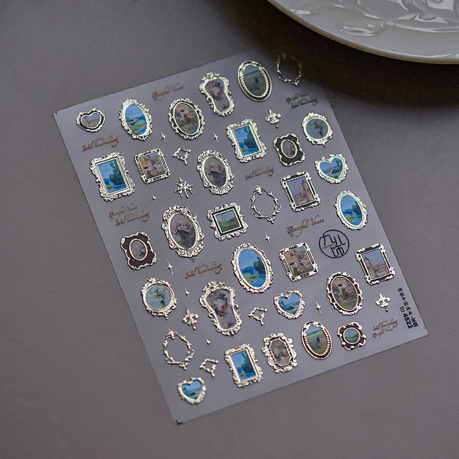Retro Rose Gold Silver Totem Picture Photo Frame Flower 5D Self Adhesive Nail Art Stickers 5D Shiny Rhinestone Manicure Decals (ONLINE ORDER ONLY)