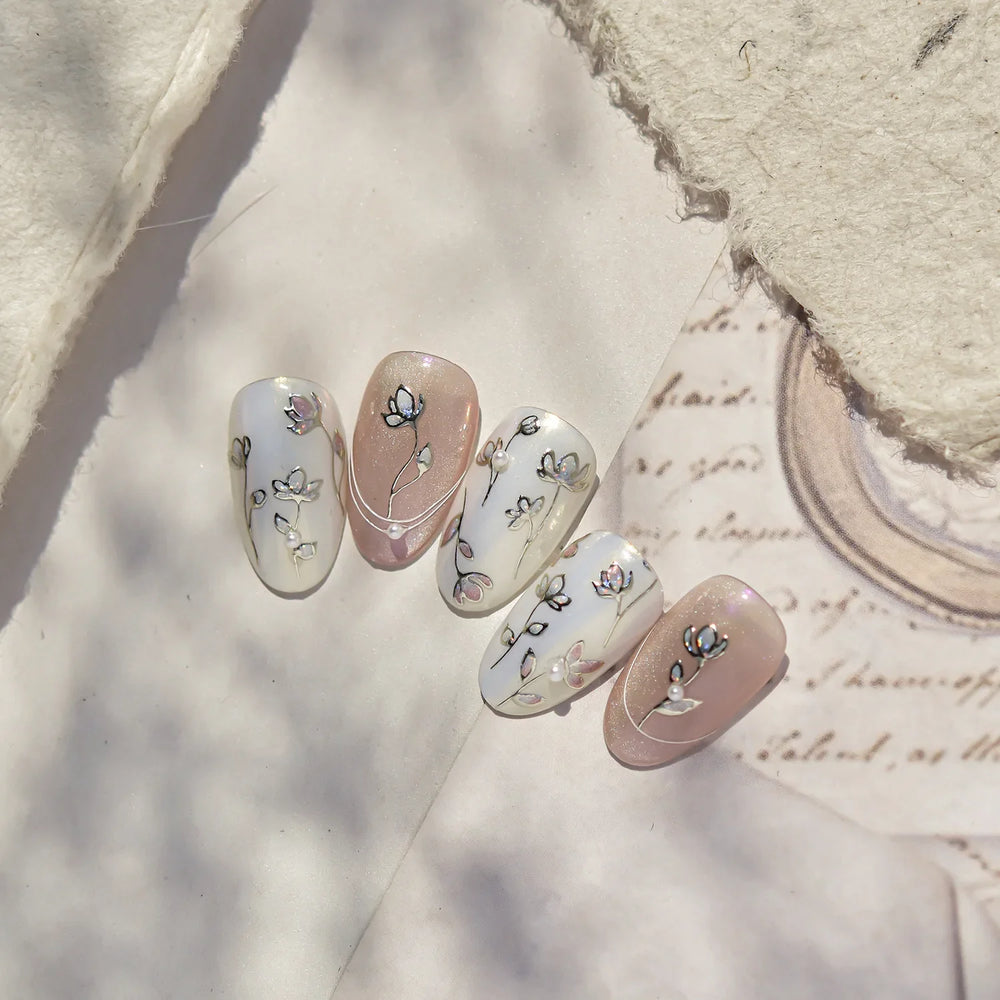 Mini Three Leaf Flower Magnolia Lotus Flower Stem Gradual Petal Line Arc Metal Sillver Delicate Nail Art Stickers Manicure Decal (Online Order Only)