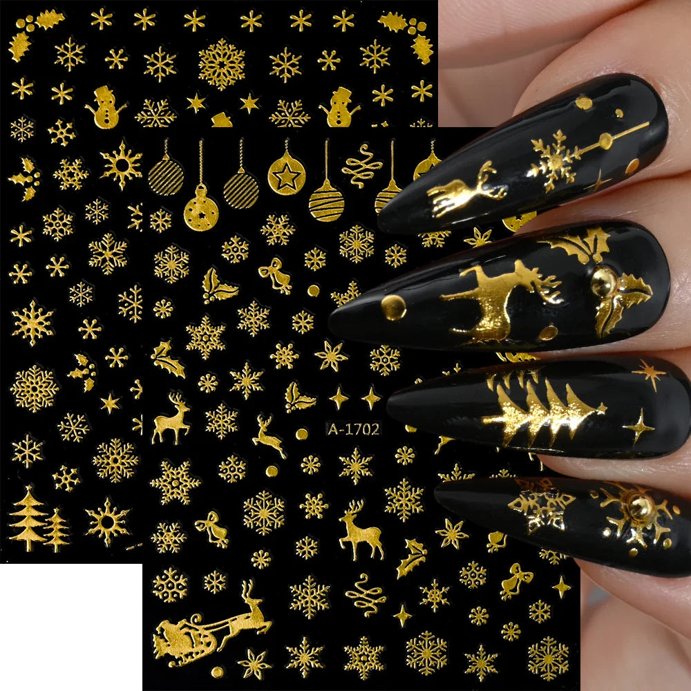 3D Gold Glitter Snowflake Nail Sticker Winter Reflective Elk Star Balloon Christmas Tree Foil Xmas New Year Decal Tips Decoratio (ONLINE ORDER ONLY)