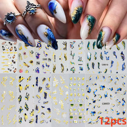 12Pcs 3D Golden Red Glitter Heart Love Nail Sticker Valentine Self Adhesive Cartoon Decal Geometry Lines Stripe Slider Manicure* (ONLINE ORDER ONLY)