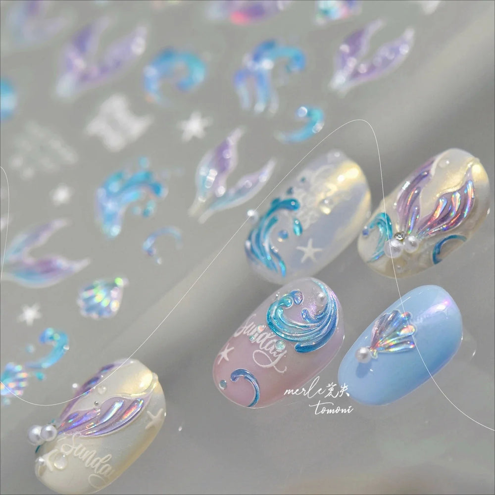 Shiny Mermaid Tail Fish Tail Sea Wave Jelly Spoondrift Shell Starfish Ocean Romantic Delicate Nail Art Stickers Manicure Decals (ONLINE ORDER ONLY)