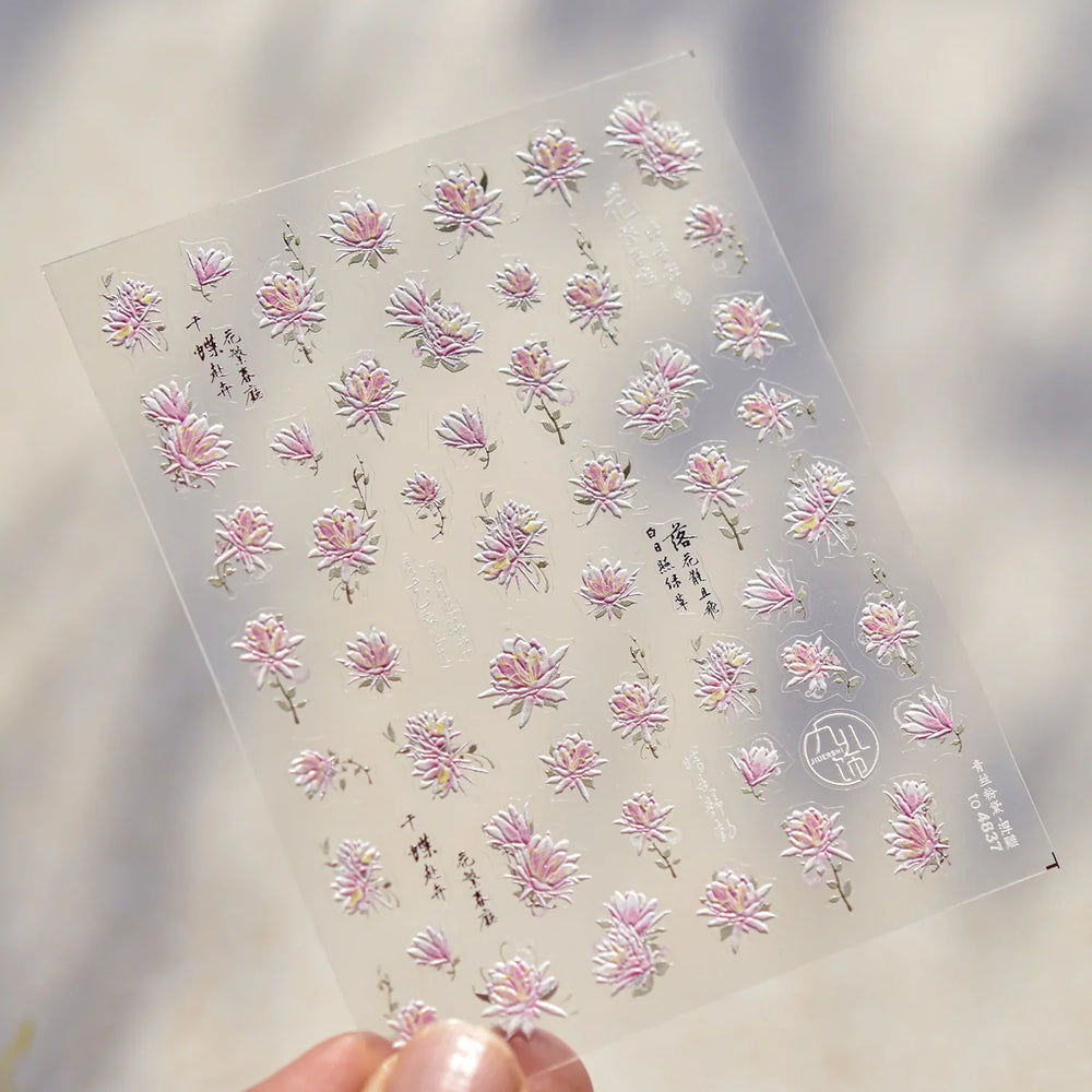 Pink Chrysanthemum Flower Gradient Halo Dyeing Ancient 5D Soft Embossed Relief Adhesive Nail Art Sticker 3D Charm Manicure Decal (Online Order Only)