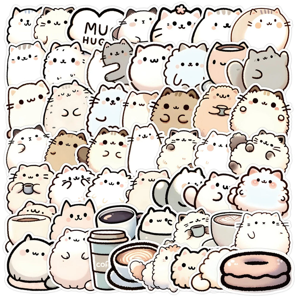 50pcs Cute Kitten Coffee Stickers for Helmet Wall DIY Decoration (Online Order Only)