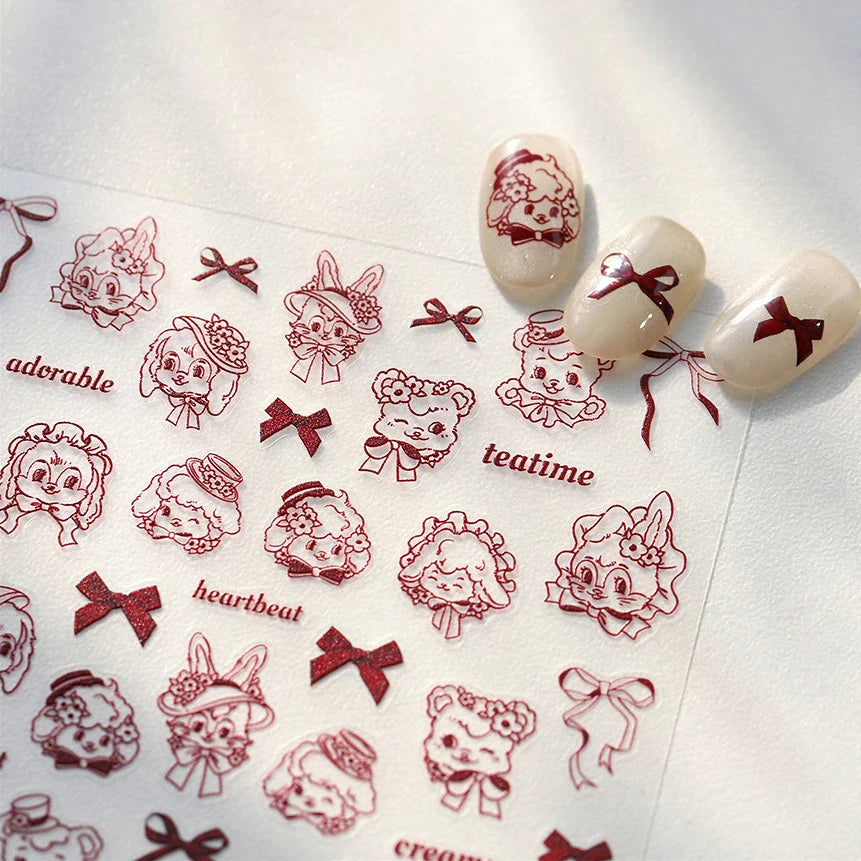 Cute Pet Creamy Rabbit Bear Dog Ribbon Bowknot Lamb Red Painted Heartbeat Flowers Adhesive Nail Art Stickers 3D Manicure Decals (Online Order Only)