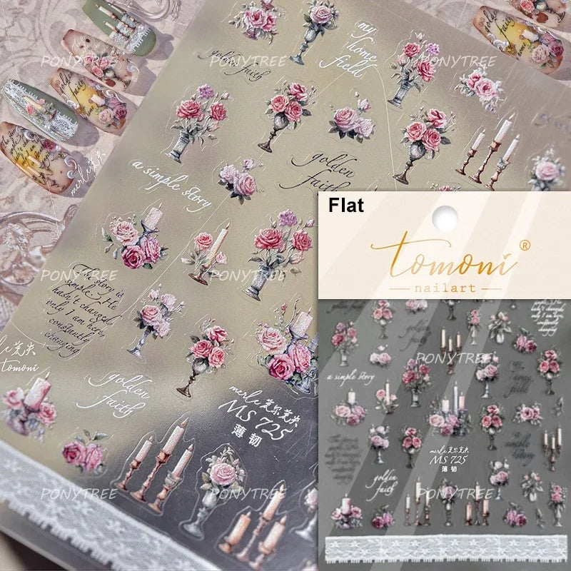 Retro Candlestick Holder Rose Rambler Birdcage Photo Frame Lace Self Adhesive Nail Art Sticker Charm Rhinestone Manicure Decal (Online Order Only)
