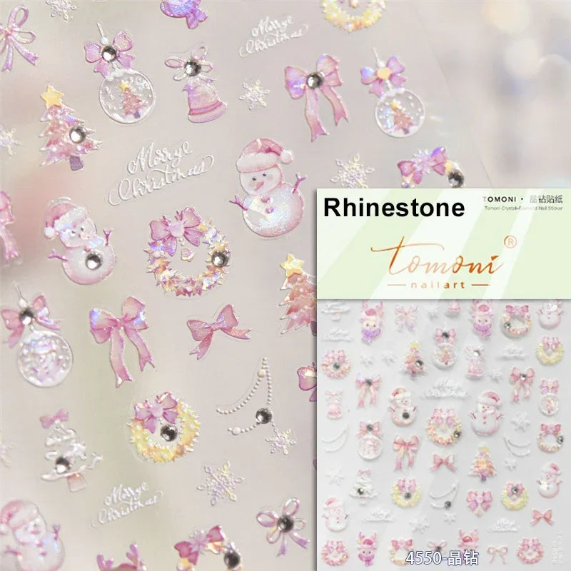 Black White Christmas Tree Snowflake Bowknot Snowman Socks Star Santa Hat Deer Rhinestone Winter Nail Art Sticker Manicure Decal (Online Order Only)