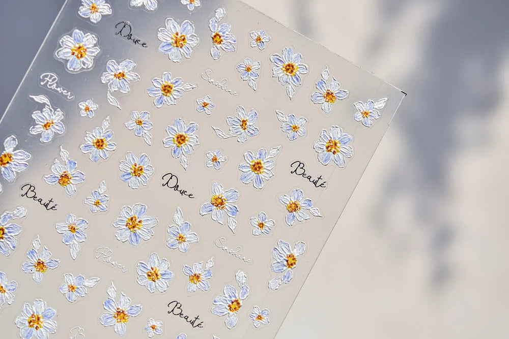 Flowers in Bloom Cosmos Chrysanthemum Daisy White Petal Yellow Stamen Self Adhesive Nail Art Decorations Sticker Manicure Decals (ONLINE ORDER ONLY)