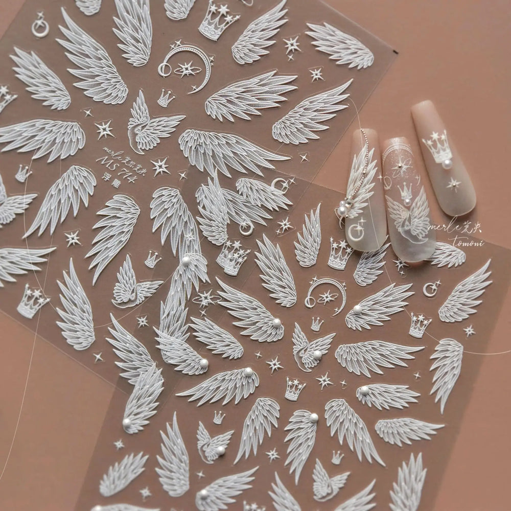 Charming White Shiny Pearl Rhinestone Wings Feathers Crown Moon Stars 3D Self Adhesive Nail Art Sticker Manicure Decal Wholesale (ONLINE ORDER ONLY)