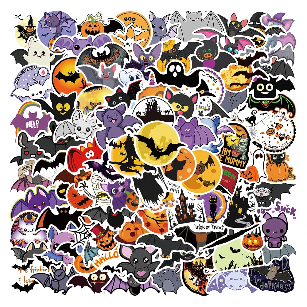 50/100pcs Cute Cartoon Halloween Bats Stickers Kids Toy Waterproof Graffiti For Laptop Guitar Water Bottle Bicycle Car Decals (ONLINE ORDER ONLY)