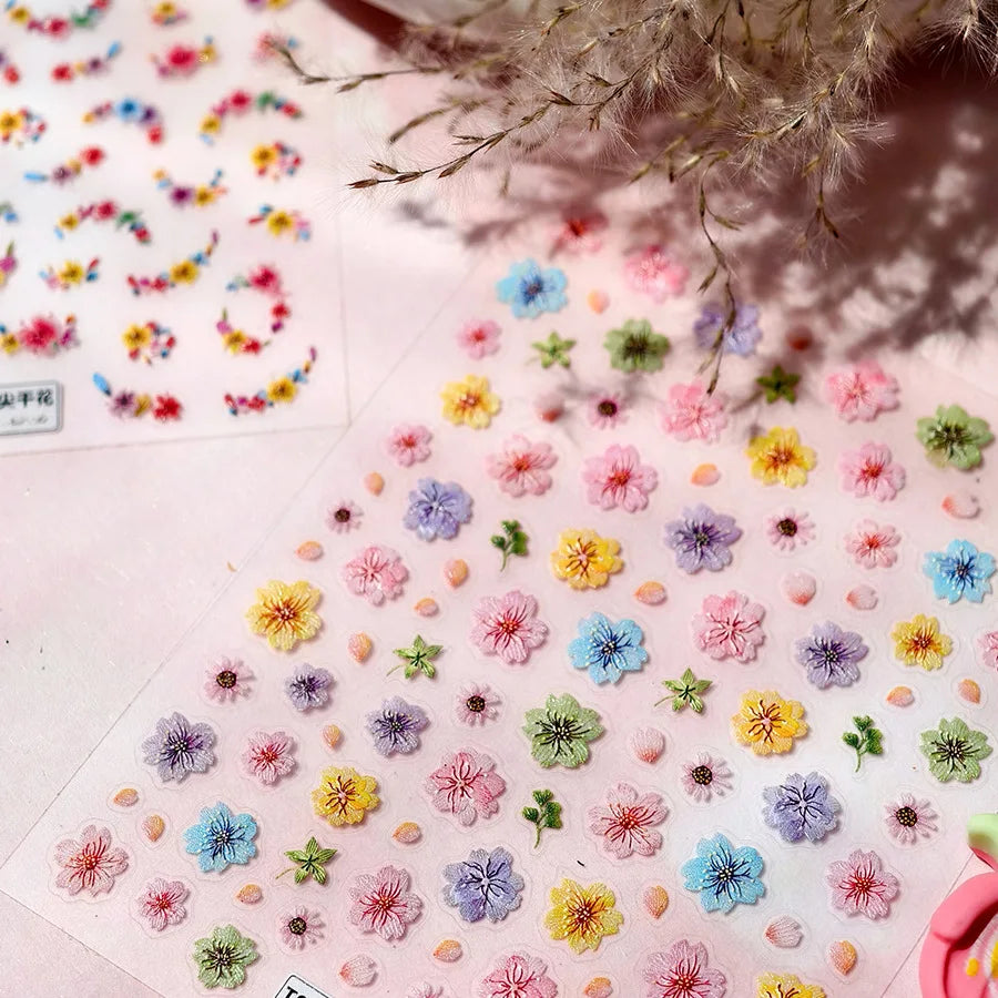 Colorful Dried Flowers Wreath Floral Plant Petal Bud Garden Charming 5D Reliefs Self Adhesive Nail Art Stickers Manicure Decals (Online Order Only)