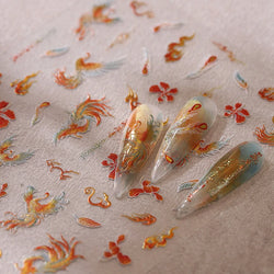 Charming Red Rose Phoenix Flower Wing Leaves Flower Feather Pearl Relief Embossed 5D Adhesive Nail Art Stickers Manicure Decals (ONLINE ORDER ONLY)