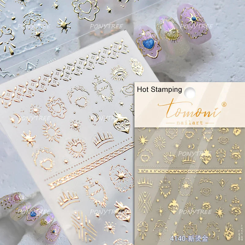 Pink Blue Yellow Embroidery Totems Geometric Floral Pattern Flower 5D Embossed Nail Art Stickers Bohemian Style Manicure Decals (ONLINE ORDER ONLY)