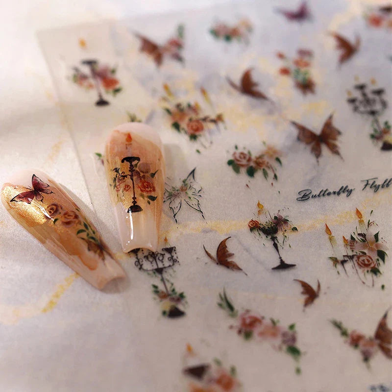 Charming Butterfly Candle Holder Candlestick Chic Rose Flower Romantic Self Adhesive Nail Art Stickers Rhinestone Manicure Decal (ONLINE ORDER ONLY)