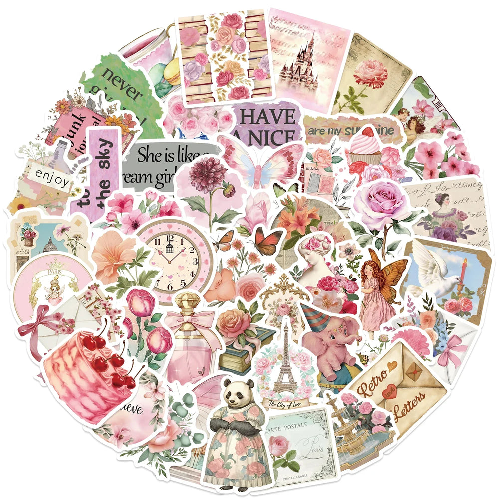 50PCS Retro Pink Collage Doodles Sticker Waterproof Graffiti Sticker Art Picture Luggage Home Scrapbook Cartoon Laptop (ONLINE ORDER ONLY)