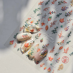 Autumn Fall Maple Leaves Ginkgo Leaf Osmanthus Chrysanthemums Rabbit Bunny Plant Flower Relief Nail Art Sticker Decoration Decal (ONLINE ORDER ONLY)