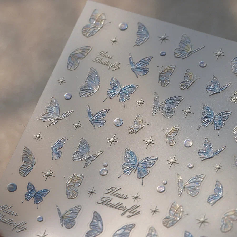 Green Blue Glass Butterfly Lily Flowers Star Line Water Droplet Charming Shiny Self Adhesive Nail Art Stickers Manicure Decals (ONLINE ORDER ONLY)