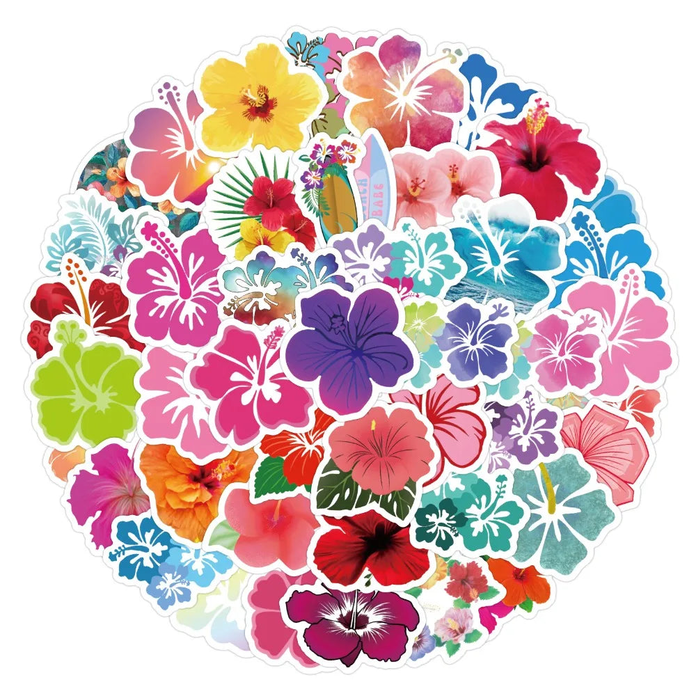 10/60pcs Vivid Hibiscus Flowers Cartoon Little Fresh Style Stickers Graffiti Decals for Laptop Guitar Suitcase Skateboard Kids (ONLINE ORDER ONLY)