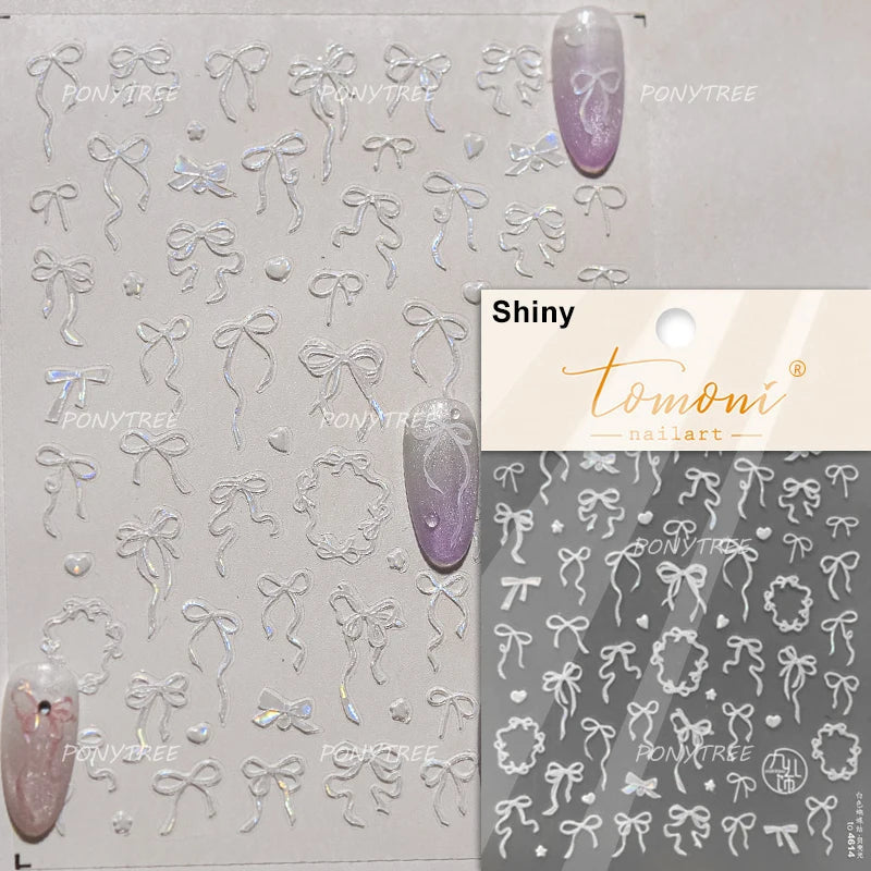 Simple Line Bowknot Red Gold Silver Laser Pink Hot Stamping 3D Self Adhesive Nail Art Stickers Pearl Rhinestone Manicure Decals (ONLINE ORDER ONLY)