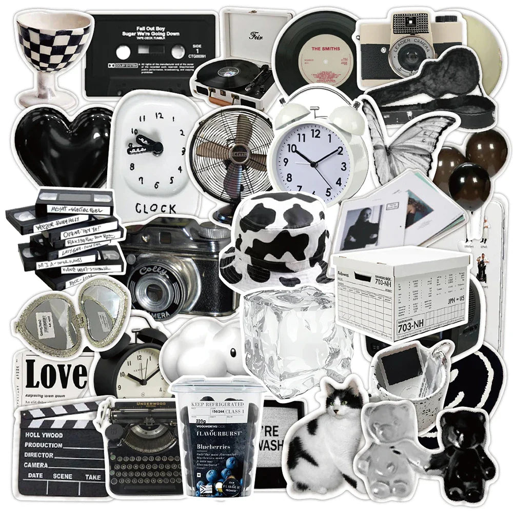 10/30/50pcs Ins Style Black White Simple Cute Stickers Aesthetic Graffiti Decoration Laptop Scrapbook Phone DIY Wall Sticker Toy (Online Order Only)