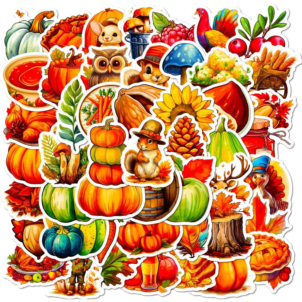 10/50Pcs Thanksgiving Day Stickers Harvest Festival Cartoon Cute Pumpkin Nut Squirrel Children Toy Decals Laptop Guitar Suitcase (Online Order Only)