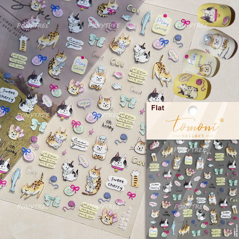 Cute Leopard Cat Ginger Cat Paw Bowknot Knitting Wool Ball Fish Self Adhesive Nail Art Stickers IllusionChic Manicure Decals (ONLINE ORDER ONLY)