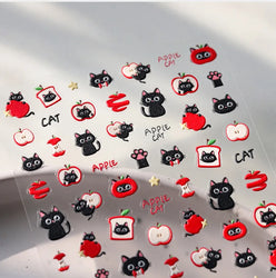 Cute Lovely Red Apple Core Black Kitten Cat's Paw Bread Slices Fruit Star Soft Relief Adhesive Nail Art Sticker Manicure Decals (ONLINE ORDER ONLY)