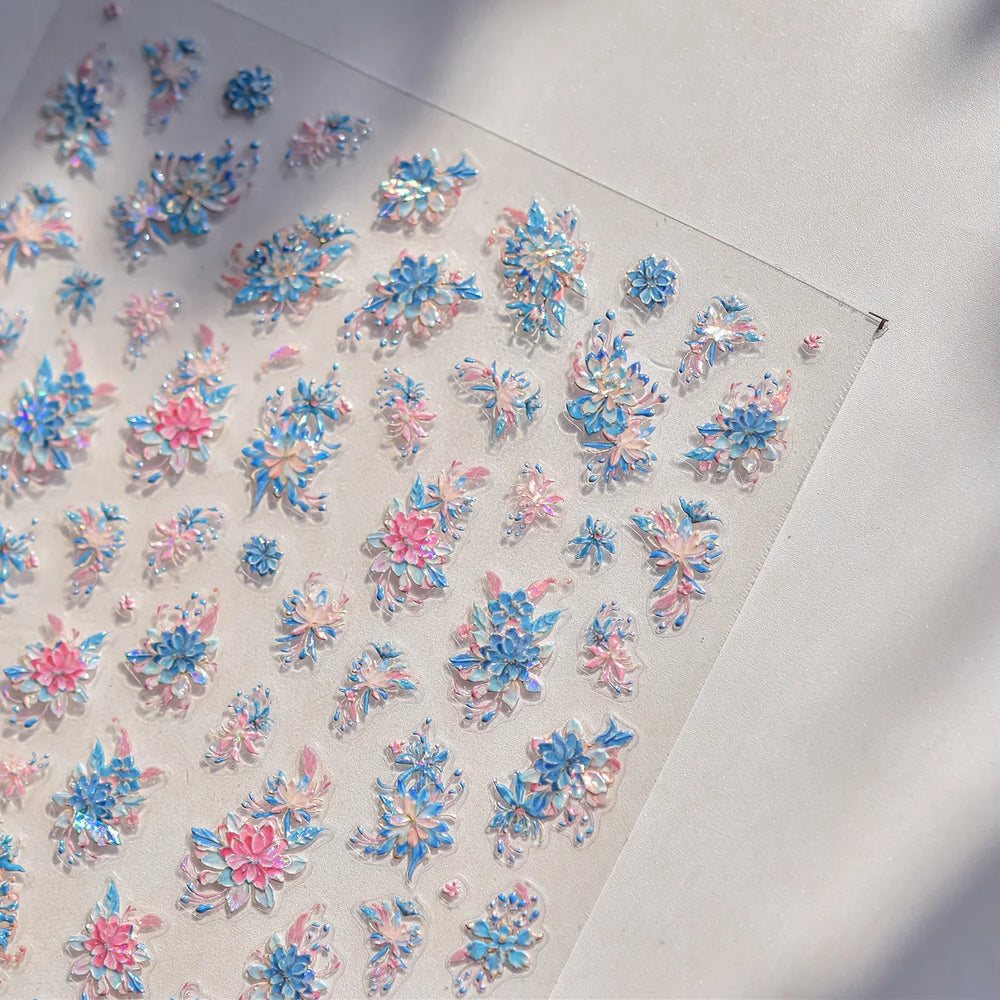 Delicate Shiny Pink Flower Blue Hairpin with Flower Decoration Self Adhesive Nail Art Stickers Pearl Rhinestone Manicure Decals (Online Order Only)