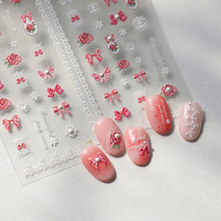 French Chic Mini Pink Rose Flower Bowknot Lace Ribbon Pearl White Little Flower Self Adhesive Nail Art Stickers Manicure Decals (ONLINE ORDER ONLY)