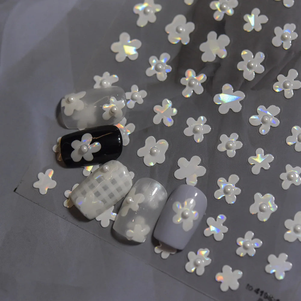 Hot Stamping Laser Silver Pink White Flower Rhinestone Pearl Irregular Petal Adhesive Nail Art Decoration Sticker Manicure Decal (ONLINE ORDER ONLY)