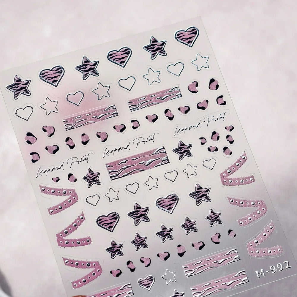 Punk Pink Leopard Print Love Heart Stars Bowknot Cool Girl 5D Self Adhesive Nail Art Stickers Ribbon Manicure Decals Wholesale (ONLINE ORDER ONLY)